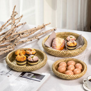 Round Handwoven Bamboo Tray Tea Tray Bread Dessert Basket Serving Tray Table Decoration Tray