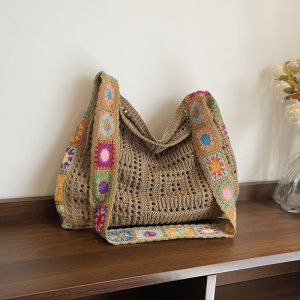Large Capacity Boho Tote Bag Trendy Floral Crochet Handbag Vintage Multicolor Cut-out Knitted Handbag Fashionable Hollow out