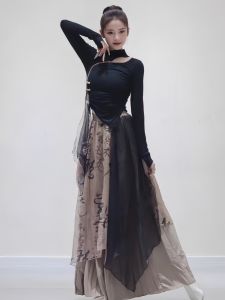 Áo Tập Khiêu Vũ Cổ Điển Liusong Dài Tay Dệt Kim Cổ Tròn Ôm Vừa Vặn Áo Biểu Diễn Khiêu Vũ Áo Sơ Mi Phong Cách Trung Hoa