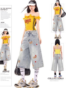 MZVZ | Light Blue Dog Embroidery Denim Capris
