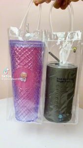 Túi đựng ly bình giữ nhiệt trong suốt- túi thiết kế có kút bấm chống rơi và 2 quai xách-công dụng đựng ly bình giữ nhiệt