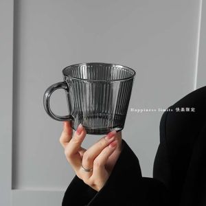 Transparent Glass Coffee Cup with Handle Vertical Stripe Milk Breakfast Cup Ins Style Home Use round Shape Chinese Manufacturer