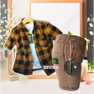 Kemeja anak laki laki SNEVENS ID kemko anak usia 1-7 tahun kemeja kotak-kotak kuning dan hitam kaos polo atasan anak laki laki celana pendek coklat.