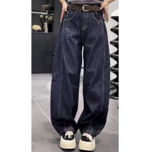 กางเกงยีนส์ทรงหลวมเอวสูงทรงหลวมสำหรับผู้หญิงไซส์ใหญ่ กางเกงขายาวทรงตรงทรงหลวมสำหรับฤดูใบไม้ผลิและฤดูใบไม้ร่วง