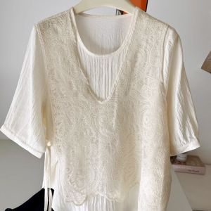 WANGGONGZHU | Artistic Style Womens Summer T-shirt Embroidered Lace Top Versatile Fashionable Design Sensation Breathable Sweat Absorbent