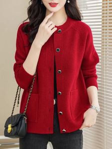 เสื้อคาร์ดิแกนถักคอตั้งแขนยาวทรงหลวมสไตล์เกาหลีสำหรับผู้หญิงในฤดูใบไม้ผลิและฤดูใบไม้ร่วง เสื้อคลุมคาร์ดิแกนถักคอตั้งแบบสั้น