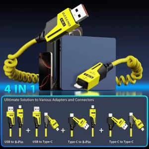 65W 4 In 1 USB/ชนิด C/ ข้อมูล IOS 1.5เมตรสปริงดึงได้อย่างรวดเร็วสายชาร์จสำหรับ iPhone 14/15/16 Sumsung Xiaomi