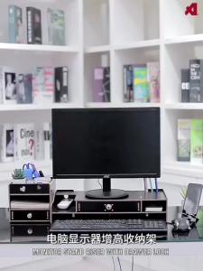 JS SHOP 2 Tier Monitor Stand Riser With Drawer Lock Multifunction Wood Made Computer Table Top Storage Organizer