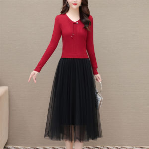 MAIMEI | Autumn Winter Knitted Woolen Dress Midi Skirt Base Layer Sweater Chinese Style Mesh Splicing Mid-Length One-Piece Dress