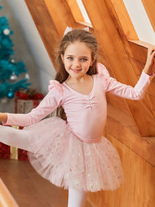 Girls Pure Cotton Long Sleeve Dance Suit Childrens Autumn Winter Ballet Skirt Puffy Skirt Exam Costume Gymnastics Leotard