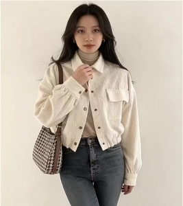 Baju Blouse Women Retro Casual Corduroy Jacket Loose Fit Long Sleeve Top