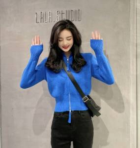 Clein เสื้อตัวนอกไหมพรมแบบสั้นสีฟ้าสําหรับคนตัวเล็กเสื้อคาร์ดิแกนผ้าถักมีฮู้ดซิปคู่เข้ารูปออกแบบพิเศษใส่แล้วดูผอมเพรียวสําหรับผู้หญิง