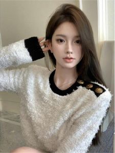 WANGGONGZHU | Fashionable Knitted Short Base Shirt Womens Autumn Winter Slim Fit French Style Top Princess Style Korean Loose Fit Long Sleeve Round Neck