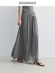 Designice High Waist Pleated Grey Skirt Elegant Commute Style A-Line Midi Skirt Slimming Effect Summer New Arrival Womens Fashion