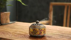 🐉 Vintage Ceramic Dragon Incense Burner with Gourd 🪔 | Enamel Sandalwood Stick & Coil Holder | Heart Sutra Feng Shui Aromatherapy 香炉 檀香炉 熏香盘香