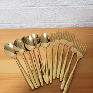 SET FOR 6 PAIRS GOLD DINNER SPOON AND FORK / 7.5 INCHES LONG / STAINLESSNESS STEEL