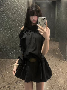 QINWEIYU | French Style Black Sleeveless Neck Hanging Dress Women Summer New Small Size Matching Puff Short Skirt Sweet High Waist A-Line Dress