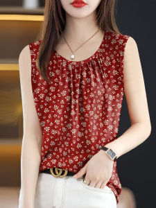 High-End Pleated Womens Vest Summer Sleeveless Base Shirt New Inner Wear Outer Wear Print Belly Covering Trendy Womens Fashion