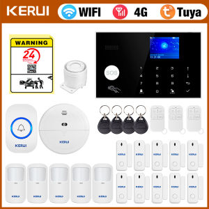 KERUI | KERUI 4G Alarm with Doorbell Ring Button Home Alarm System Security Work with Alexa Tuya Smart App Anti-Pet Motion Sensor G34