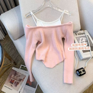 Sweet And Spicy Girl Fake Two-Piece Shoulder Bared Knitted Top Womens Pure Desire Pink Sweater Slim Fit Internal Wear Spring