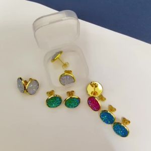 Gold Plated Artificial Druze Earrings for Women TeensStainless Steel Drusy Stone Stud EarringKpop Y2K JewelryParty Gifts