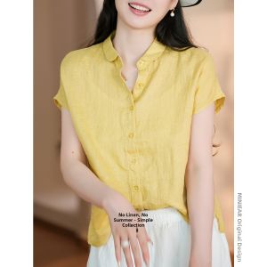 XIAOER | Imported French Pure Linen Salt Shrink Womens Shirt Round Collar