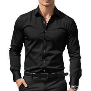 Mens Premium Business Casual Shirt Word Logo Print Slim Fit Long Sleeve Wrinkle Resistant Dress Shirt Multi Styles Available