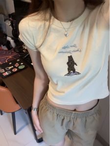 Pure Cotton Retro Bear Embroidery Short Sleeve T-Shirt Womens Summer Hong Kong Style Silm Stylish Niche Style Short Outer Wear Tops