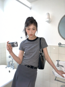 NIHAOKANONG | Áo Thun Sọc Màu Tay Ngắn Ôm Sát