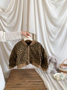 เสื้อแจ็คเก็ตลายเสือดาวสไตล์เกาหลีสำหรับเด็กผู้หญิง เสื้อคาร์ดิแกนแขนยาวทรงหลวม เสื้อผ้าเด็กผู้หญิงฤดูใบไม้ผลิและฤดูใบไม้ร่วง