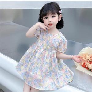 ชุดเดรสผู้หญิงฤดูร้อนปี 2025 ชุดเดรสผู้หญิงสไตล์เจ้าหญิง กระโปรงทรงเอ แขนสั้น คอตั้ง ลายดอกไม้ ชุดเด็กผู้หญิง