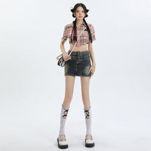 ย้อนยุค เดนิม มินิ กระโปรง ผู้หญิง ฤดูร้อน รูปแบบใหม่ เซ็กซี่ เอว เข็มขัด พรางหุ่น อเมริกันสูง เอว ทรงเอ เดรสรัดรูป Semi-Body กระโปรง