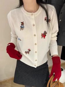 Elegant Embroidered Lazy Knitted Sweater Womens Thickened Woolen Cardigan Autumn Winter Gold Button Knitwear Gentle Style