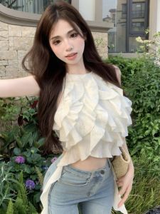 GUZILIAN | French Style White Ruffle Sleeveless Vest Summer Small Size Short Irregular Design Hanging Neck Chiffon Top Korean Commute Style