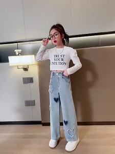 Thiếu Niên Bé Gái Denim Quần Ống Rộng 5-14 Tuổi Trẻ Em Quần Jean Họa Tiết Tình Yêu Giữa Eo Co Giãn Đóng Cửa Mùa Xuân Mùa Thu Quần Áo Trẻ Em