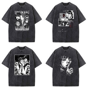 Anime Japanese Style Tomie Junji Ito T-Shirt Retro Washed Short Sleeve Cotton Top for Women Cool Style Loose Fit Summer Wear