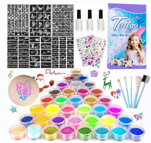 Temporary Glitter Tattoo with Stencils 30 Glitter Colors Adults Kids Body Arts Glitter Make Up Kit Gifts for Girls Boys Birthday