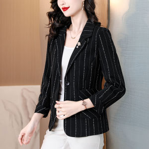 MAIMEI | เสื้อสูทสั้นลายทางสีดำสำหรับผู้หญิง ฤดูใบไม้ผลิและฤดูใบไม้ร่วง สไตล์ทำงาน แขนยาว ปกเสื้อสูท กระดุมเดียว
