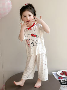 Girls Ice Silk Modal Two-Piece Home Clothes Set Childrens Summer Clothing round Neck Seven Sleeve Length Breathable Cool Feeling