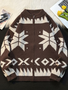 เสื้อคาร์ดิแกนเปิดมีซิปสำหรับผู้ชาย ฤดูใบไม้ร่วง/ฤดูหนาว สไตล์อเมริกัน ดีไซน์ย้อนยุค เสื้อสเวตเตอร์คอกลมสำหรับคู่รัก