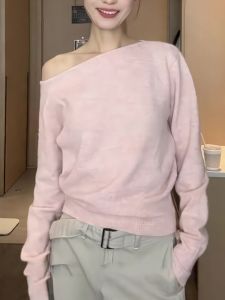 Elegant Pink Open-Shoulder Slant Collar Knitwear Loose Slimming Short Top by Hanchiqian Spring Summer New Arrival Korean Style
