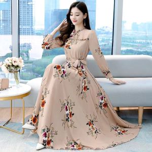Váy Dài Tay Chiffon in Hoa Mùa Thu Mới Cạp Cao Váy Dài Xếp Ly Váy Midi Váy Chữ A Váy Dài Thường Ngày Cho Nữ