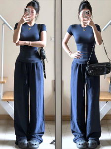 Summer Thin Ice Silk High Waist Drapey Straight Leg Pants Floor Length Linen Wide Leg Pants Casual Womens Trousers