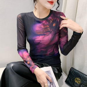 Áo Sơ Mi Lưới Dài Tay In Hình Thời Trang Cho Nữ Phong Cách Mùa Xuân Mới Trẻ Trung Dạo Phố Áo Thun Cổ Tròn