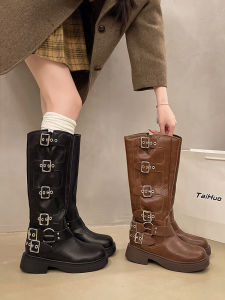 YX | Brown Thick-Soled Ankle-Boot Womens Wide-Calf High-Top Riding Boots