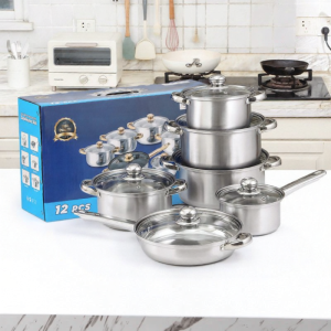 MLZH | Silver Stainless Steel Cookware Set 12 Pieces