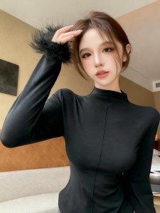 GUZILIAN | Half-High Neck Long Sleeve T-Shirt Slimming and Warm