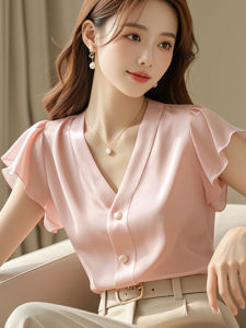 Fashionable Pink V-Neck Short-Sleeved Shirt for Women Casual Easy-to-Wear K-Style Office Clothing Straight Tube Top