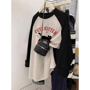 Áo Thun Nữ Tay Dài Rộng Rãi Thiết Kế Nhỏ Gọn Mùa Xuân Thu Cotton Phong Cách Hàn Quốc in Họa Tiết Cổ Tròn