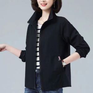 Spring Autumn Casual Short Jacket Womens New Large Size Loose Middle-aged Mommy Style Stand Collar Slimming Jacket Top Windbreaker Personality